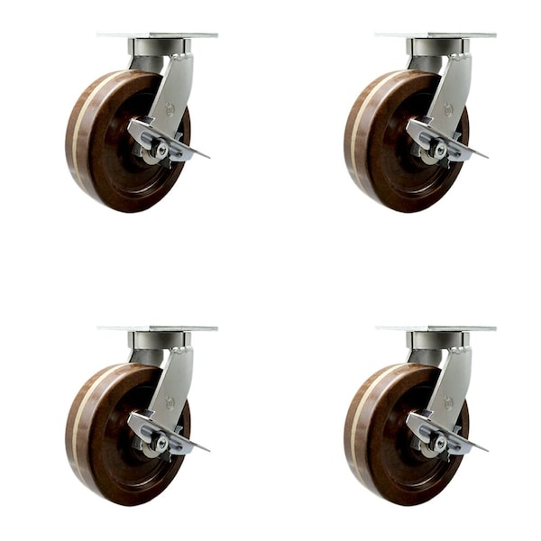 8'' Heavy Duty High Temp Phenolic Swivel Caster Set with Brakes , 4PK